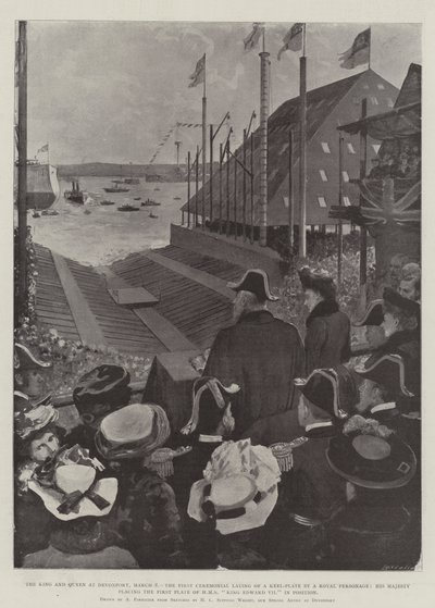 The King and Queen at Devonport, 8 March, the First Ceremonial Laying of a Keel-Plate by a Royal Personage, His Majesty Placing the First Plate of HMS King Edward VII in Position by Amedee Forestier